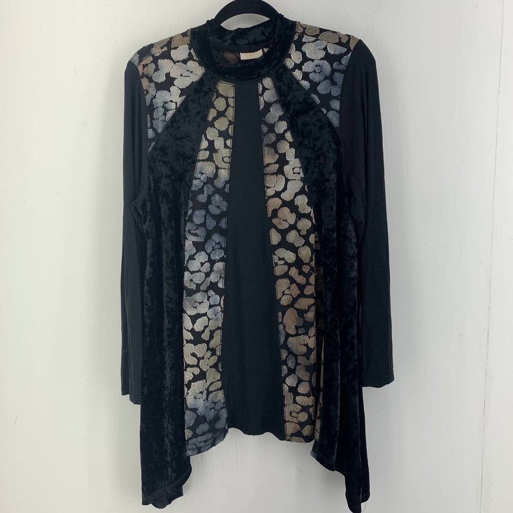 LOGO Black Velvet Whimsigoth Grunge Animal Print Mock Neck Tunic Top Large